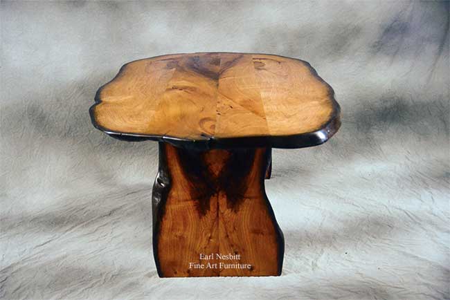 custom made natural edge dining table end view showing mesquite leg
